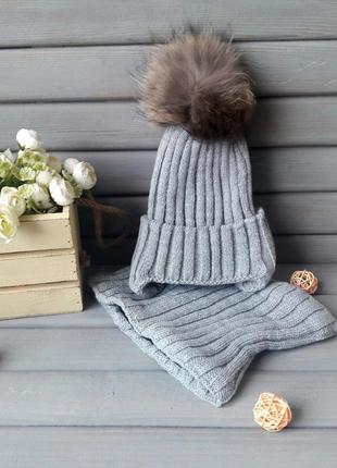 Комплект зимний шапка с натуральным помпоном и хомут2 фото