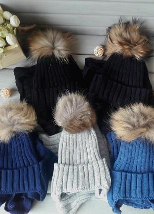 Комплект зимний на флисе шапка с завязками и натуральным помпоном и хомут
