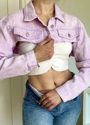 Куртка джинсовая укороченная лиловая джинсовка жакет