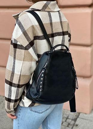 Женский кожаный городской стильный рюкзак жіночий шкіряний ранець рюкзачок чёрный чорний