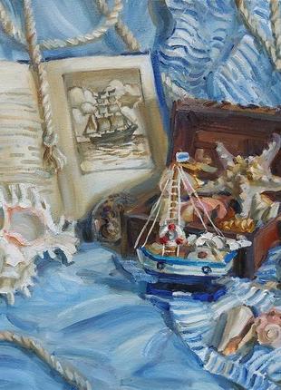 Картина маслом море ракушки кораблик морской натюрморт