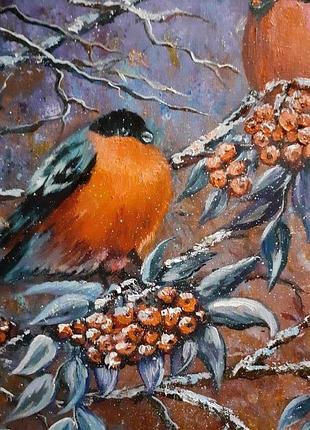 Картина маслом "снегири на рябине".