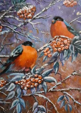 Картина маслом "снегири на рябине".