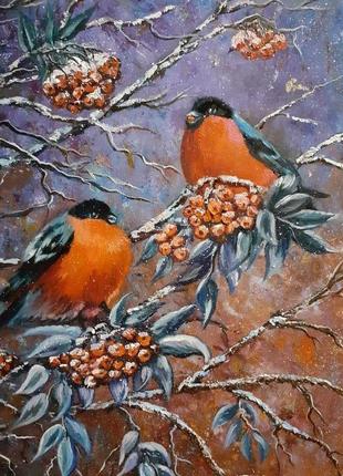 Картина маслом "снегири на рябине".