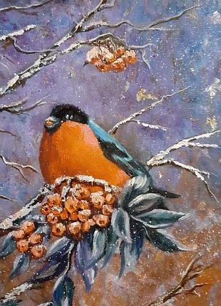 Картина маслом "снегири на рябине".