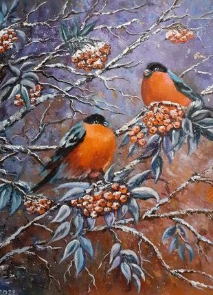 Картина маслом "снегири на рябине".