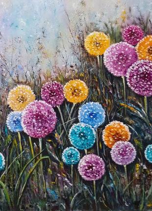 Картина маслом " одуванчики разноцветные".