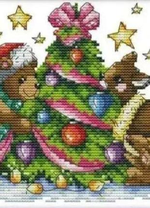 Набор для вышивания по нанесённой на канву схеме "teddy in christmas".aida 14ct printed , 25*19 см