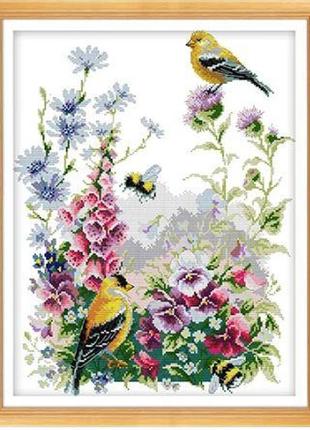 Набор для вышивания по нанесённой на канву схеме "bird and flowers (1)".aida 14ct printed, 38*48 см