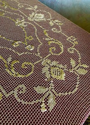 Золотая антикварная шелковая скатерть - филейная вышивка 170х150 см9 фото