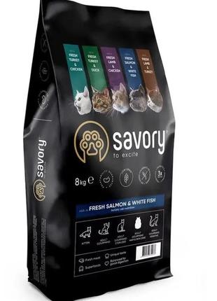 Сухой корм для длинношерстных кошек savory fresh salmon & white fish 8 кг