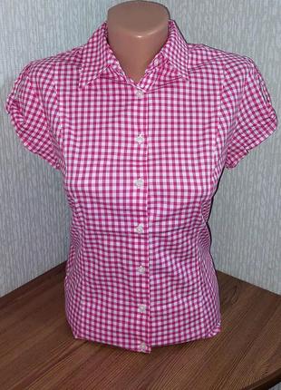 Стильная белая рубашка в розовую клетку с короткими рукавами tommy hilfiger stretch, 💯 оригинал