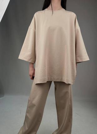 Костюм оверсайз брюки + футболка двунитка на весну лето, женский свободный костюм с длинной футболкой5 фото
