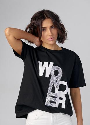 Жіноча футболка з принтом і паєтками — чорний колір, s (є розміри)