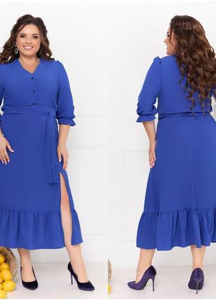 Красивое синее платье с поясом и разрезом на ножке2 фото