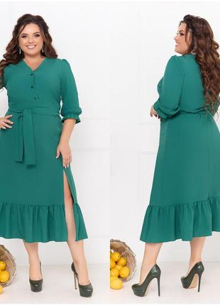 Гарна зелена сукня з поясом та розрізом на ніжці1 фото