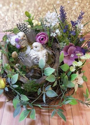 Декоративная композиция на стол гнездо подарок мини сад топиарий пасхальный венок2 фото