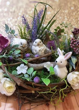 Декоративна великодній весняна композиція на стіл вінок гніздо подарунок міні сад топіарі2 фото