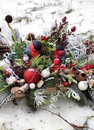 Новогодняя рождественская композиция из снегирями новорічна композиція на стіл комод камін4 фото