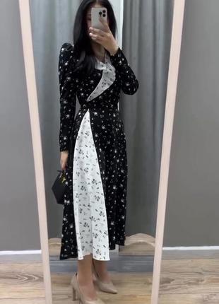 Неймовірна сукня міді вільного крою у квітковий принт з воланами, чорно-біла, з якісної тканини стильна трендова ніжна2 фото