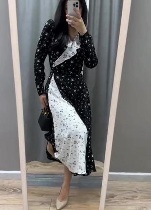 Неймовірна сукня міді вільного крою у квітковий принт з воланами, чорно-біла, з якісної тканини стильна трендова ніжна4 фото