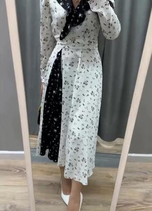 Неймовірна сукня міді вільного крою у квітковий принт з воланами, чорно-біла, з якісної тканини стильна трендова ніжна6 фото
