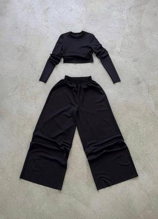 Костюм двойка: укороченный кроп топ. штаны палаццо свободного кроя, высокая посадка, есть карманы черный бежевый стильный качественный3 фото