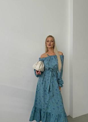 Нежное платье макси в цветочный принт с поясом и открытыми плечами с разрезом на ноге 🔥2 фото