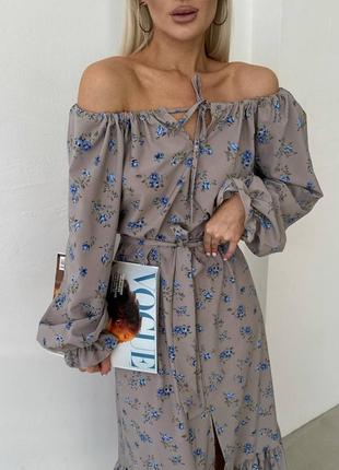 Нежное платье макси в цветочный принт с поясом и открытыми плечами с разрезом на ноге 🔥7 фото