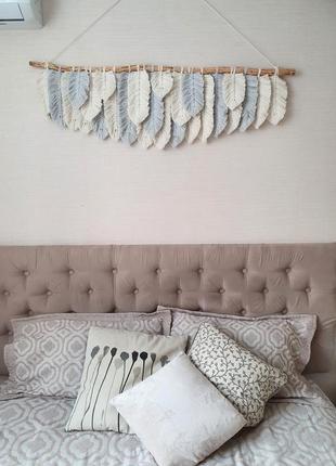 Панно з пір'я великі пір'я макраме декор декор спальні над ліжком10 фото
