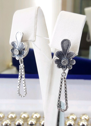 Срібні сережки квітка з ланцюжками3 фото
