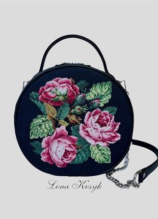 Жіноча сумка, шкіряна сумка, сумка з вишивкою, кругла сумка,1 фото