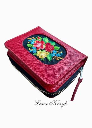 Жіночий шкіряний гаманець, компактний гаманець, гаманець з вишивкою2 фото