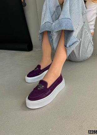 Фіолетові сливові натуральні замшеві туфлі лофери сліпони на товстій білій підошві замша фіолет слива6 фото