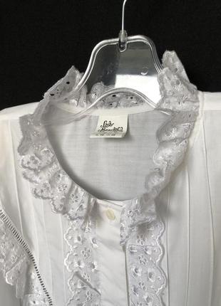 Белая кружевная блузка винтаж рукав летучая мышь пышный баварская блуза воротник стойка кокетка подплечики6 фото