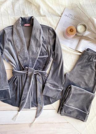 Шикарный комплект для дома! короткий халатик +штаны, цвет серый3 фото