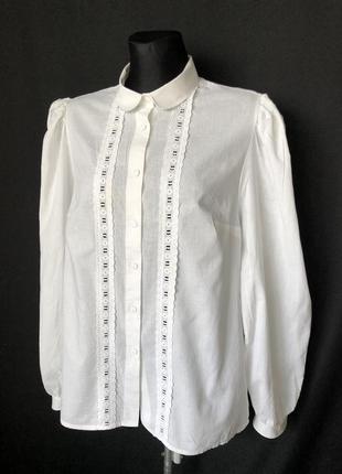 Белая рубашка винтаж блузка винтажная хлопок с кружевной отделкой длинный рукав halali