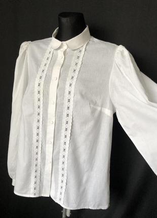Белая рубашка винтаж блузка винтажная хлопок с кружевной отделкой длинный рукав halali3 фото