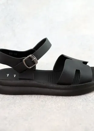 Стильные черные удобные женские летние сандалии/босоножки кожаные, из экокожи, без каблуков, легкие на лето
