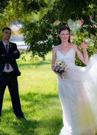 Шампанська лінійна весільна сукня, в ідеальному стані9 фото