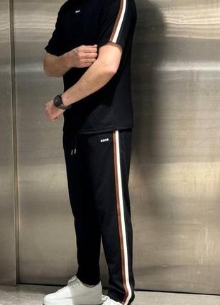 Спортивный костюм мужской футболка хлопка брюки двухнитка для тренировок черный + белый с полосками легкий на резинке дешево разбавляйте лого boss