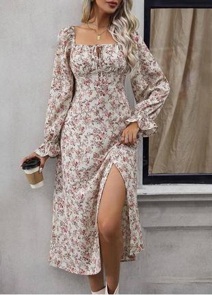 Платье из легкой ткани миди с разрезом, объемные рукава и завязки на груди, свободного кроя белое розовое стильное качественное