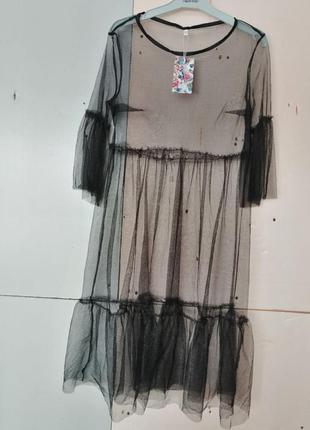 Плаття сітка фатін в горох з прозорими рукавчиками расива сукня сітка два в одній нижній сукні майка2 фото