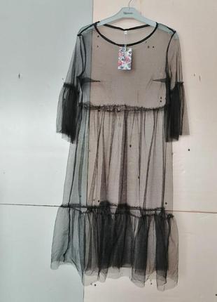 Плаття сітка фатін в горох з прозорими рукавчиками расива сукня сітка два в одній нижній сукні майка4 фото