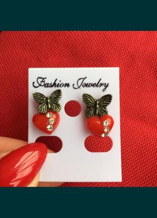 Серьги, кульчики сердечки бабочки, аксесуари