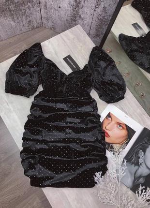 Шикарное черное велюровое мини платье с блестками m
