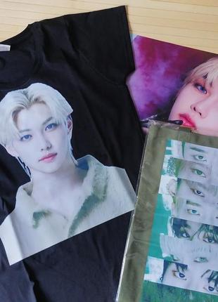 Комплект футболка чорна лі фелікс (лі йонбук) + сумка шопер зелена stray kids р постер