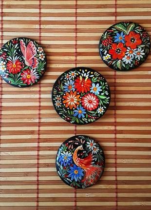Магнитики деревянные на холодильник"маки", "бабочка", "птица", "цветы",  роспись.