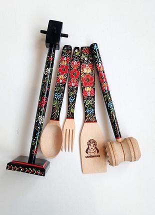 Деревянный кухонный набор на подставке,  авторская ручная  роспись. петриковская роспись.