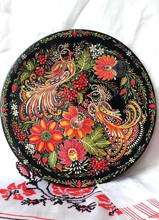 Декоративная деревянная тарелка "сказочные птицы", авторская ручная роспись. петриковская роспись.2 фото